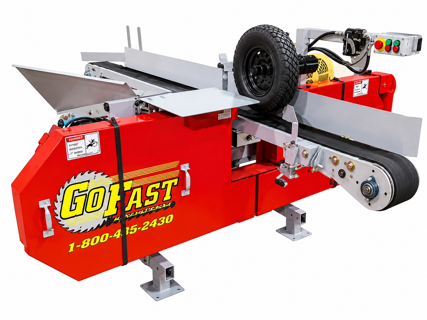 Red Go Fast log splitter with conveyor