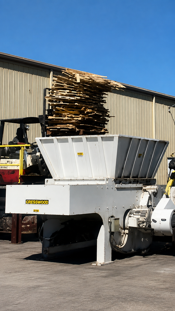 Whole pallets entering a Cresswood grinder