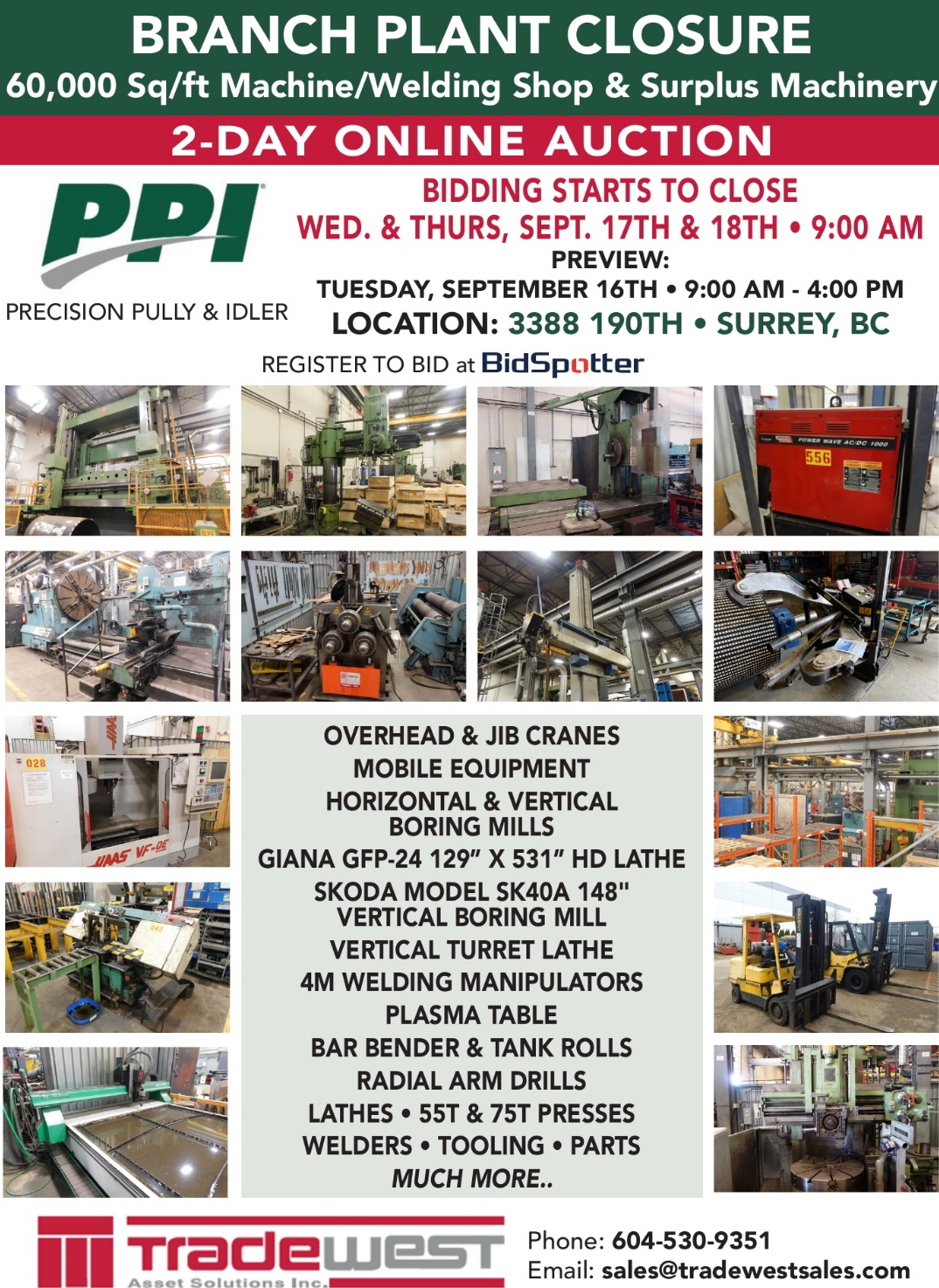 Online Auction- PPI Branch Plant Closure - 60,000 Sq/Ft Machine/Welding Shop