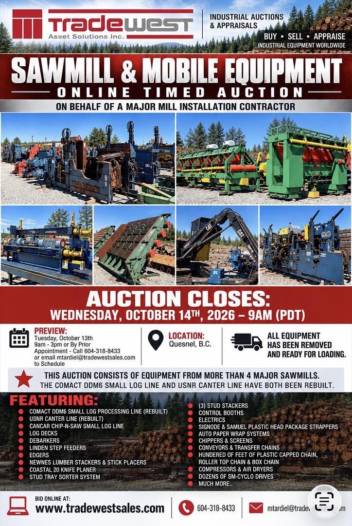 Sawmill & Mobile Equipment Auction- October 14TH
