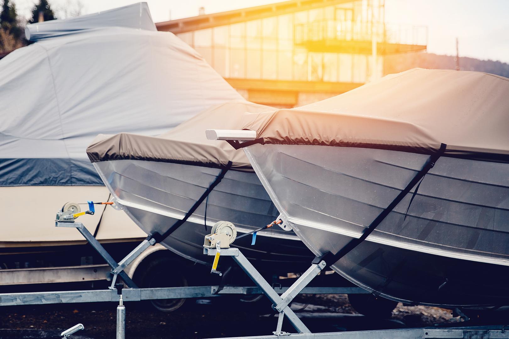 Boats in covered storage at Midwest Boat Brokerage