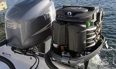 Close-up of a new outboard engine and its rigging