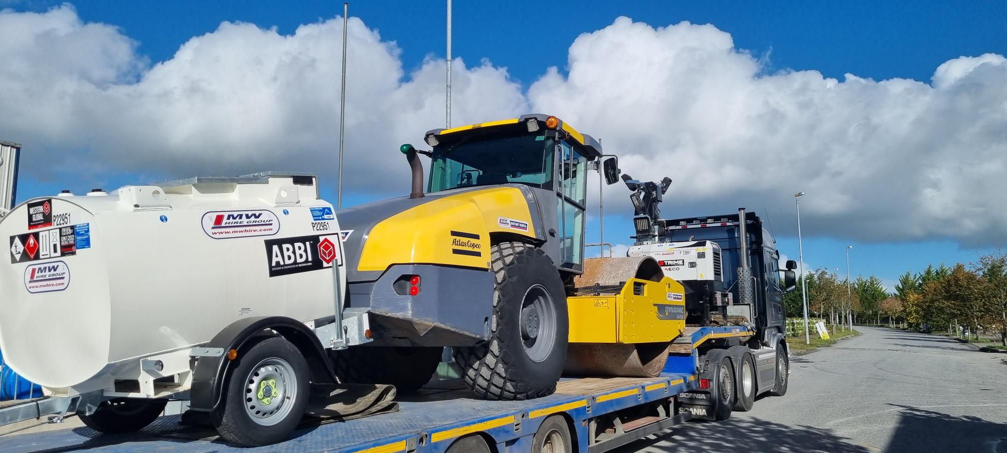 Ex rental Atlas Copco / Dynapac 4600 roller - new road tow Western fuel tank & Trime lighting tower SOLD - heading to a customer in Limerick 