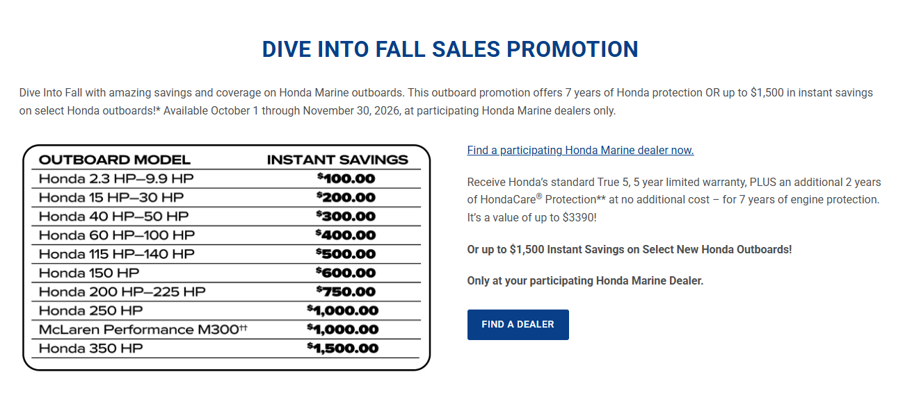 Save Up To $1,500 On A New Honda Motor Or Receive A 7 Year Warranty