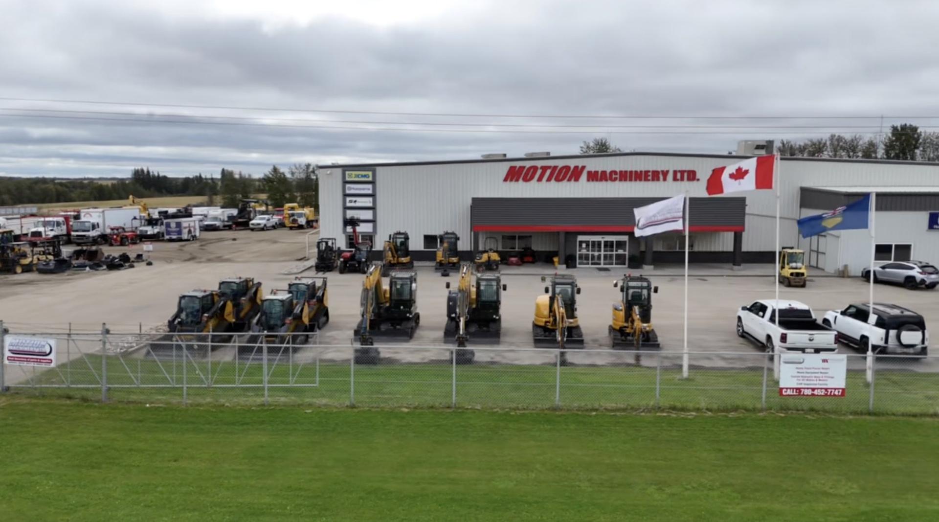 Aerial view of the Motion Machinery shop, yard, and service trucks in Stony Plain, Alberta
