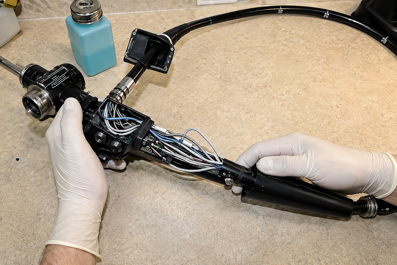 Technician repairing a flexible endoscope on the bench
