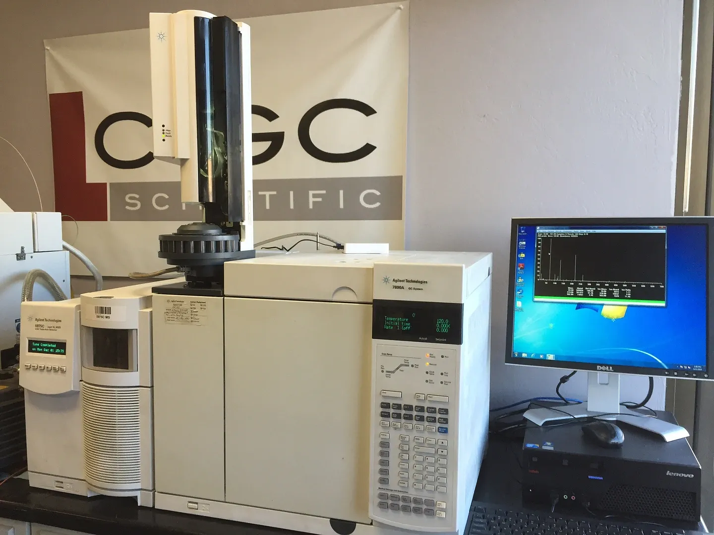 Agilent GC-MS system with autosampler in front of the LC-GC Scientific banner