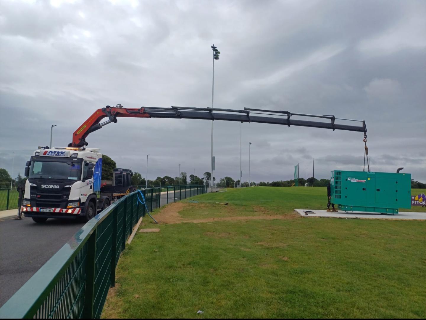 One of our Palfinger Hiabs working # Dropping off a New 220 Kva into a GAA Ground in Co Cork.
