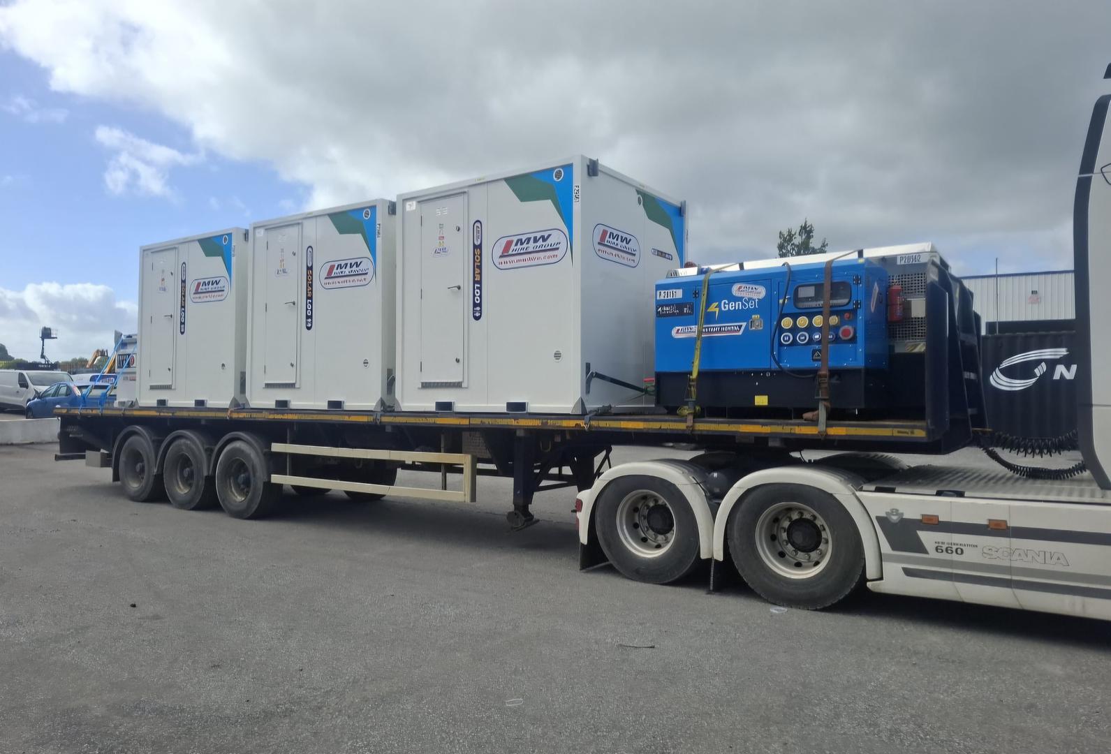 Load of Solar Powered Toilet blocks & site power heading to a rental project