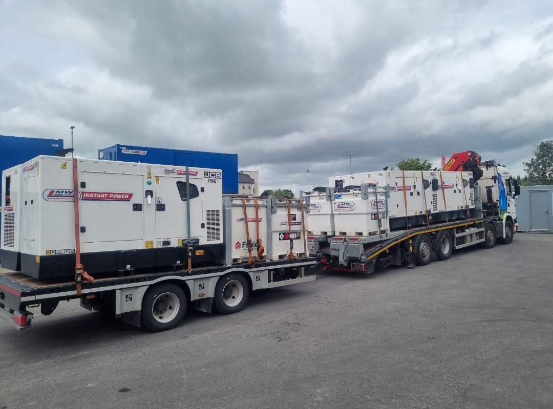 Full load of JCB G65QS Generators and Western Global 10TCC 95 6L Fuel Tanks for a Windfarm project
