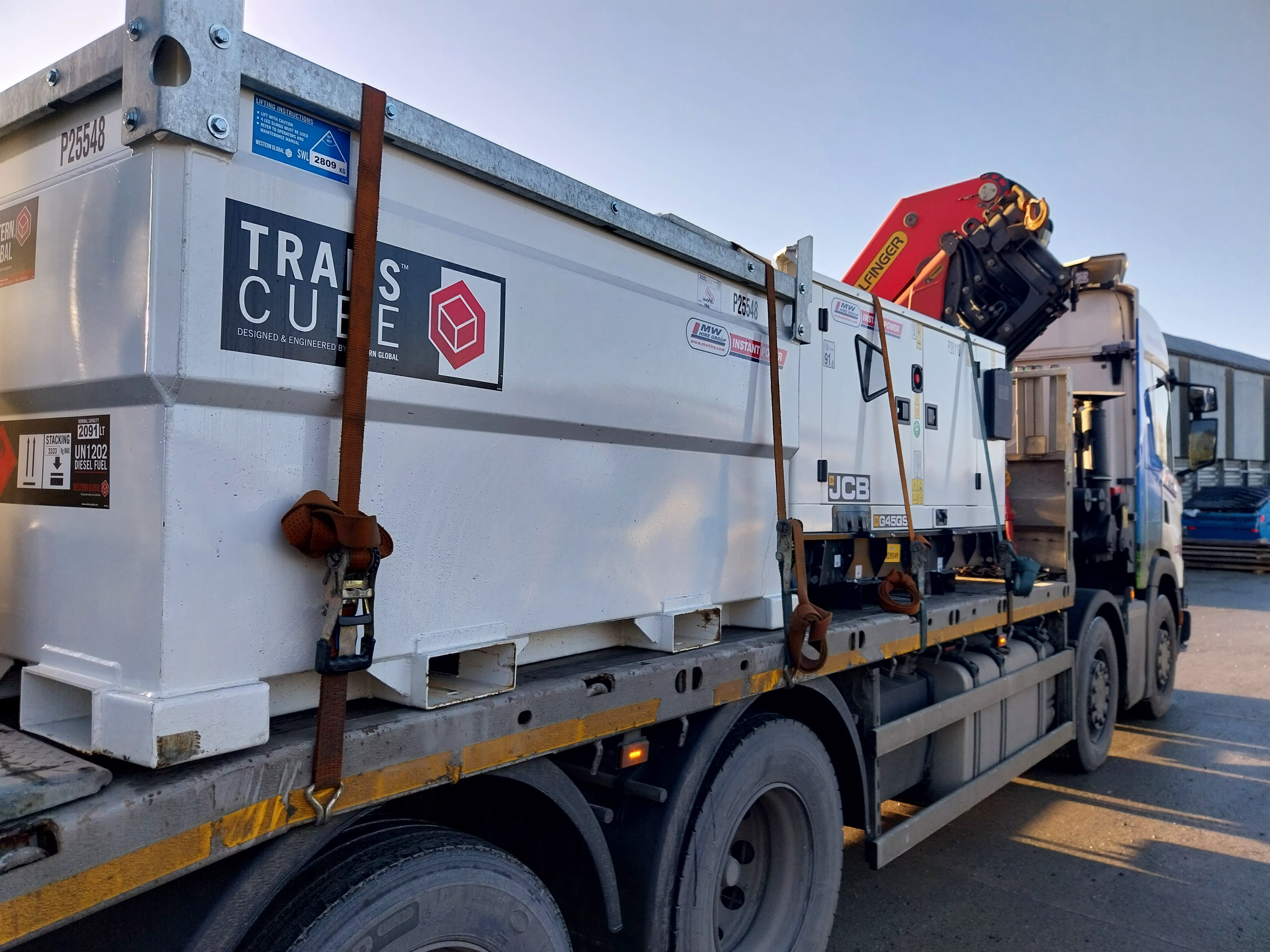 2 X 45kva JCB Generators and 2 X 2000ltr fuel tanks delivered to the customer 
