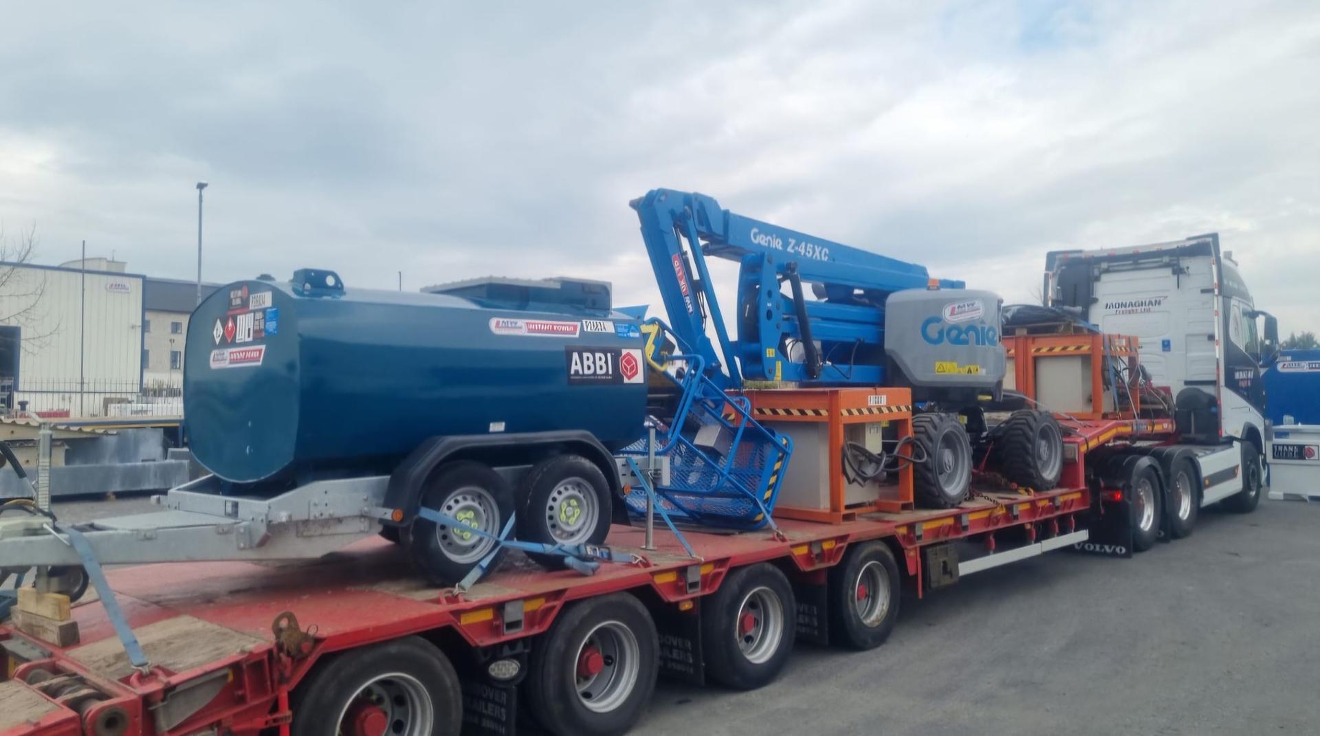Genie 45ft MEWP , Western 2000 litre fuel bowser & 4 Step up transformers heading to a rental project