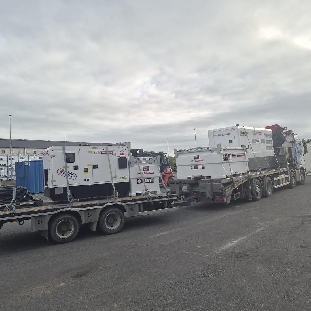550 kva , 60 KVA  rental spec Generators & Western Global fuel tanks heading to a rental project