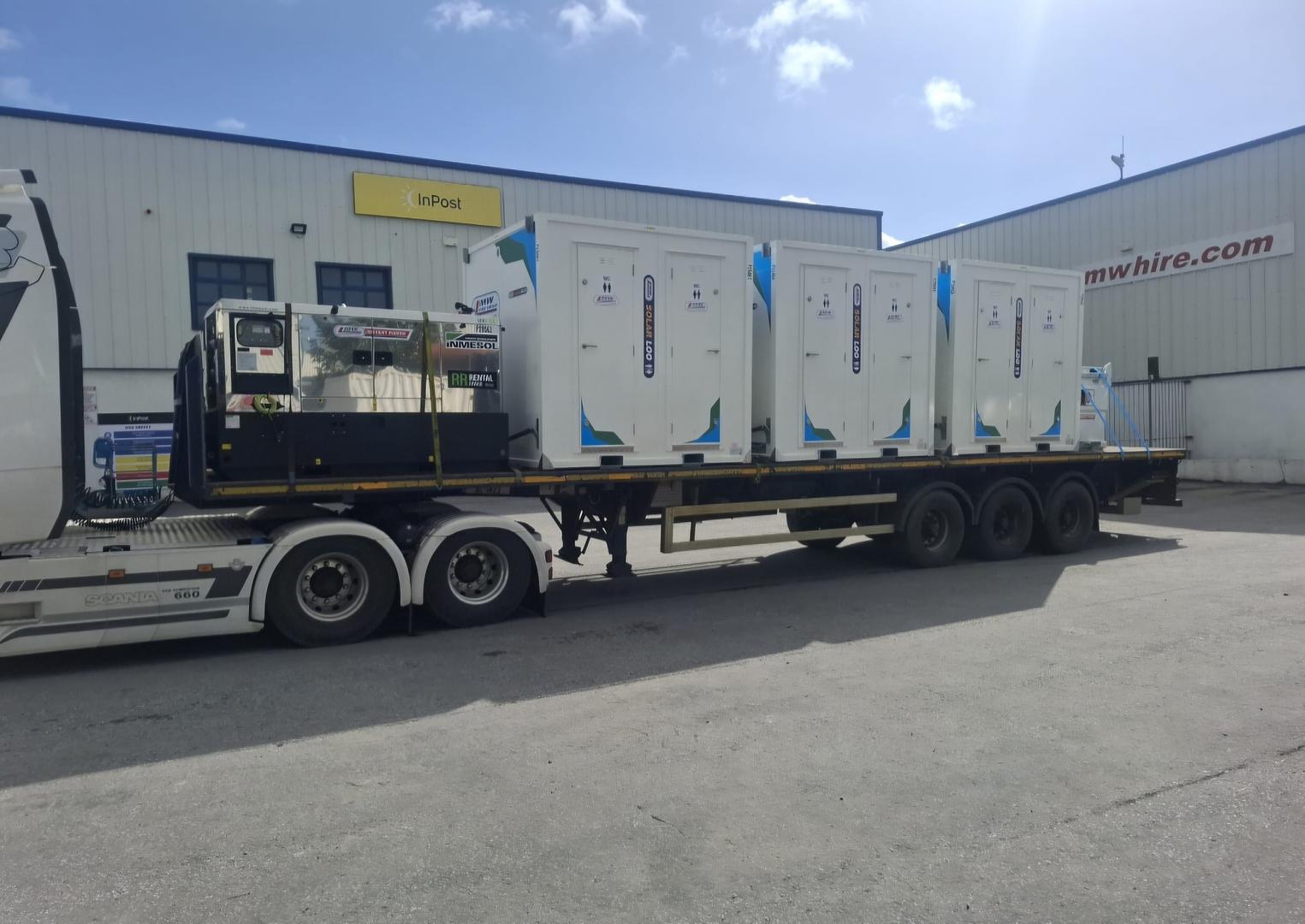 Load of Solar Powered Toilet blocks & site power heading to a rental project