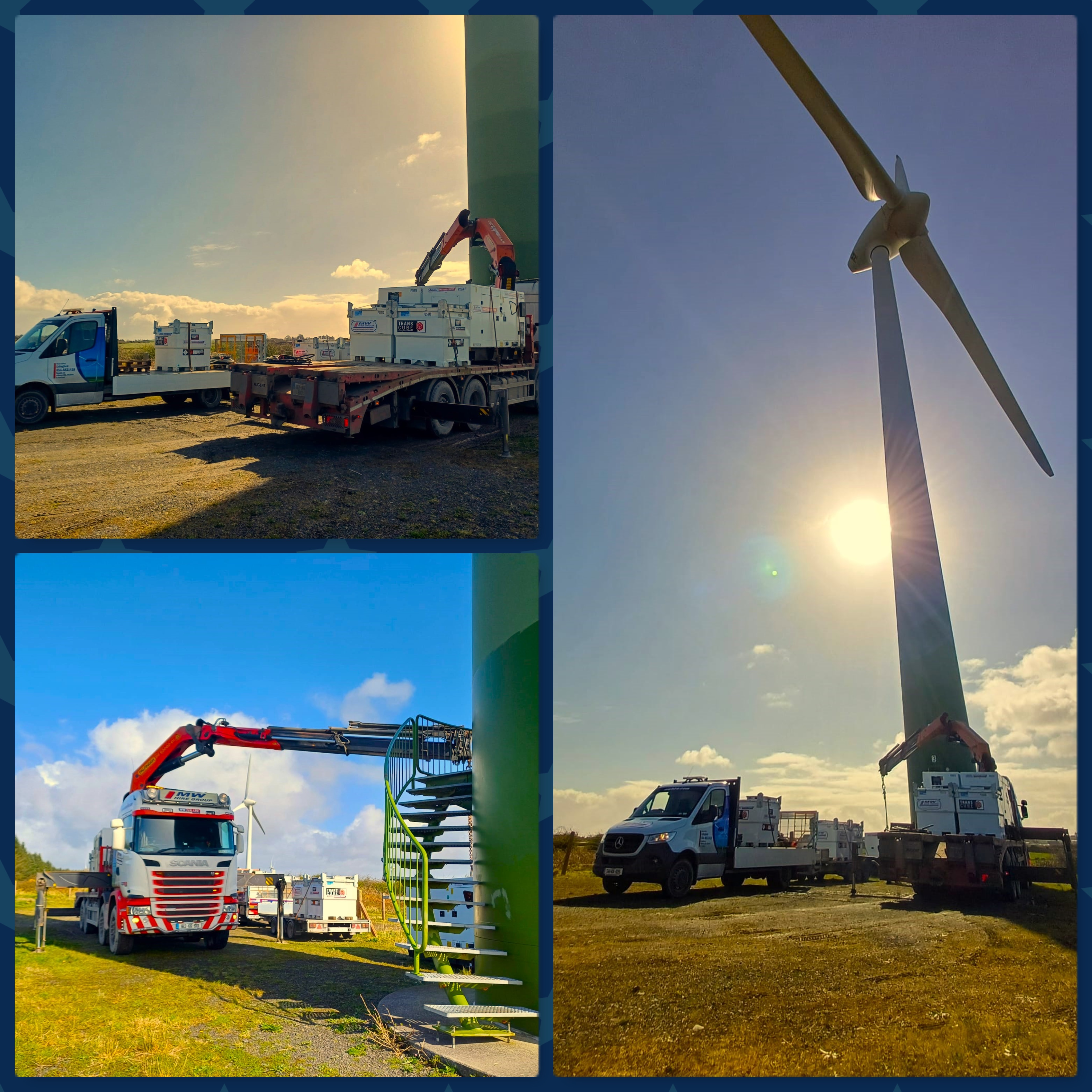 Generators and fuel tanks being delivered and unloaded