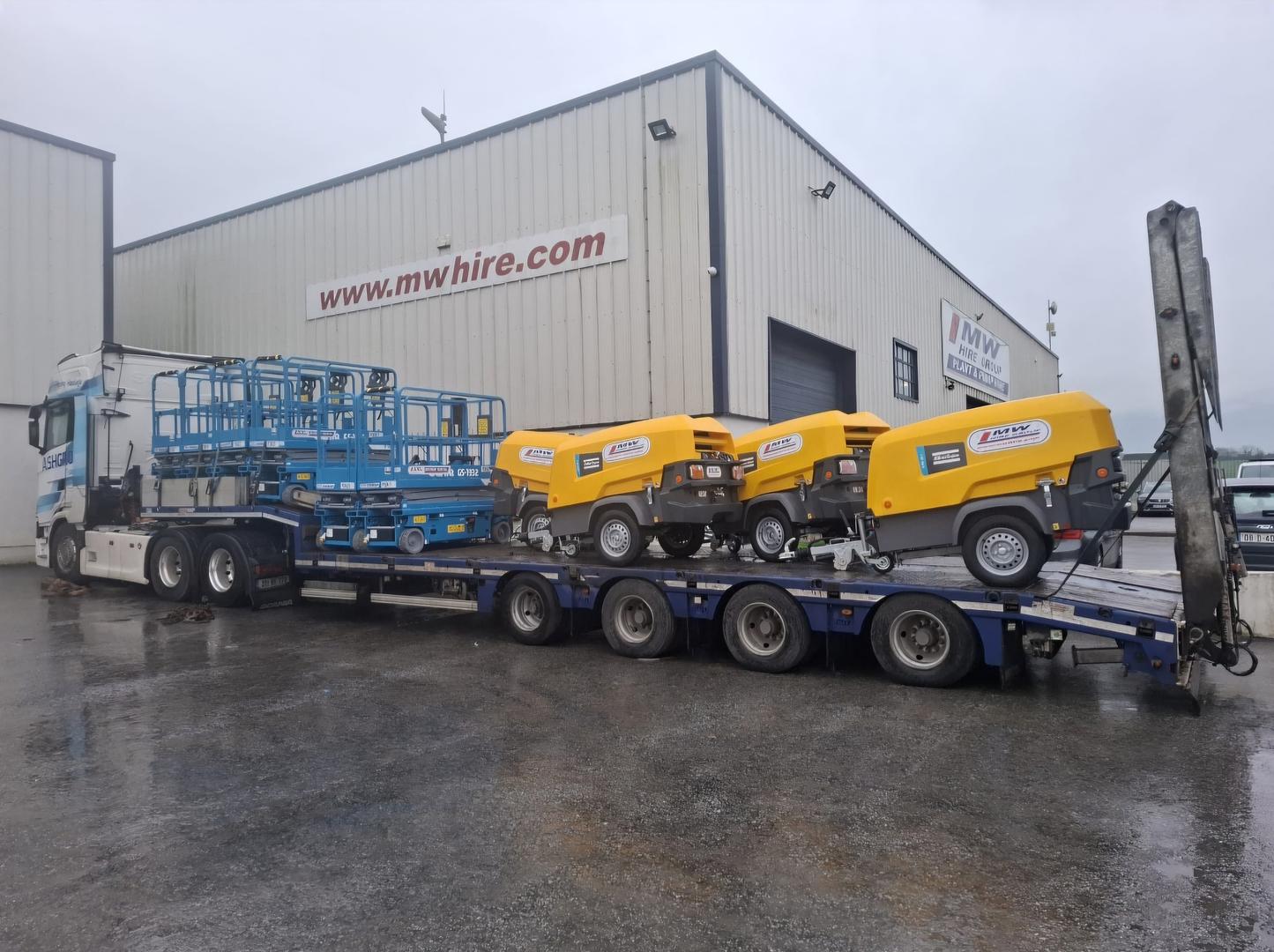 A load of new Atlas Copco compressors & Genie Lifts  heading to  our Wexford Depot ...   New Gear for our rental fleet 🫡
