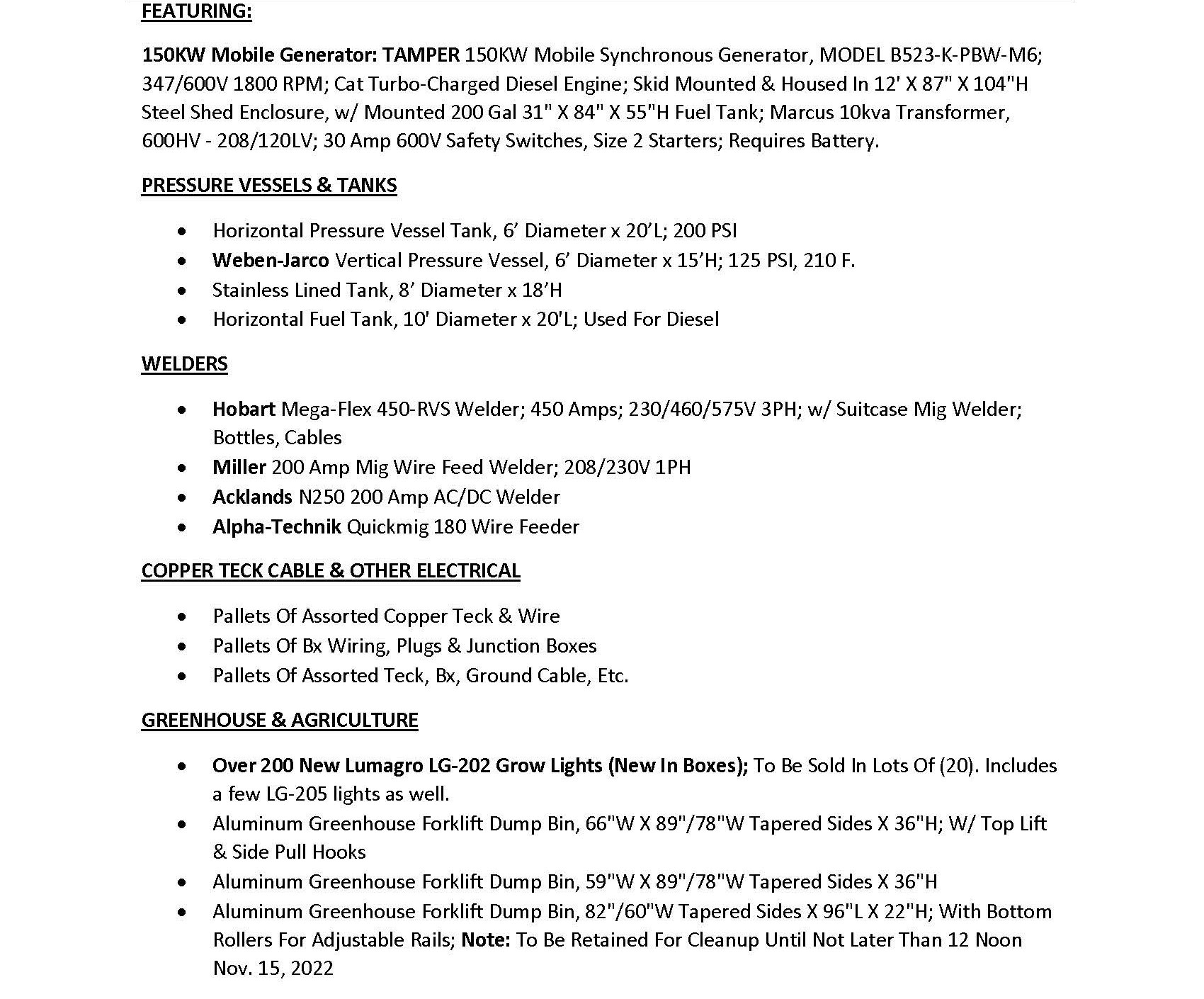 PAST AUCTION - General Industrial & Greenhouse Equipment  