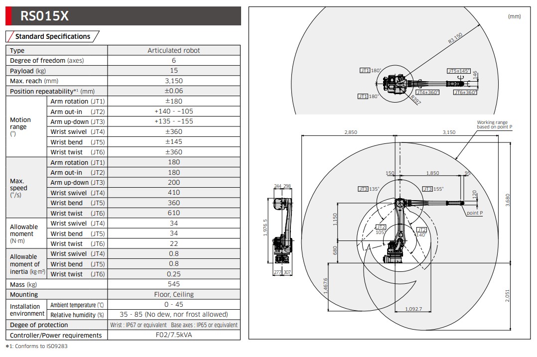 KAWASAKI RS015X 6 AXIS LONG REACH GENERAL PURPOSE ROBOT PAYLOAD 15KG X 3150 MM REACH