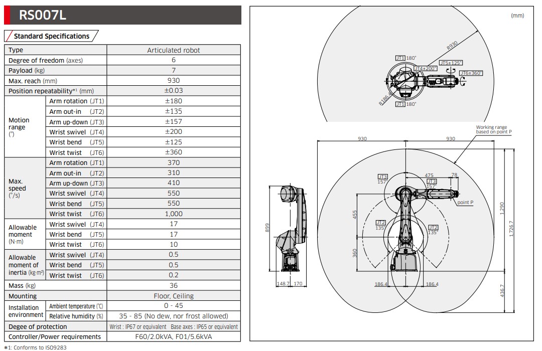 KAWASAKI RS007L 6 AXIS GENERAL PURPOSE ROBOT PAYLOAD 7 KG X 930 MM REACH