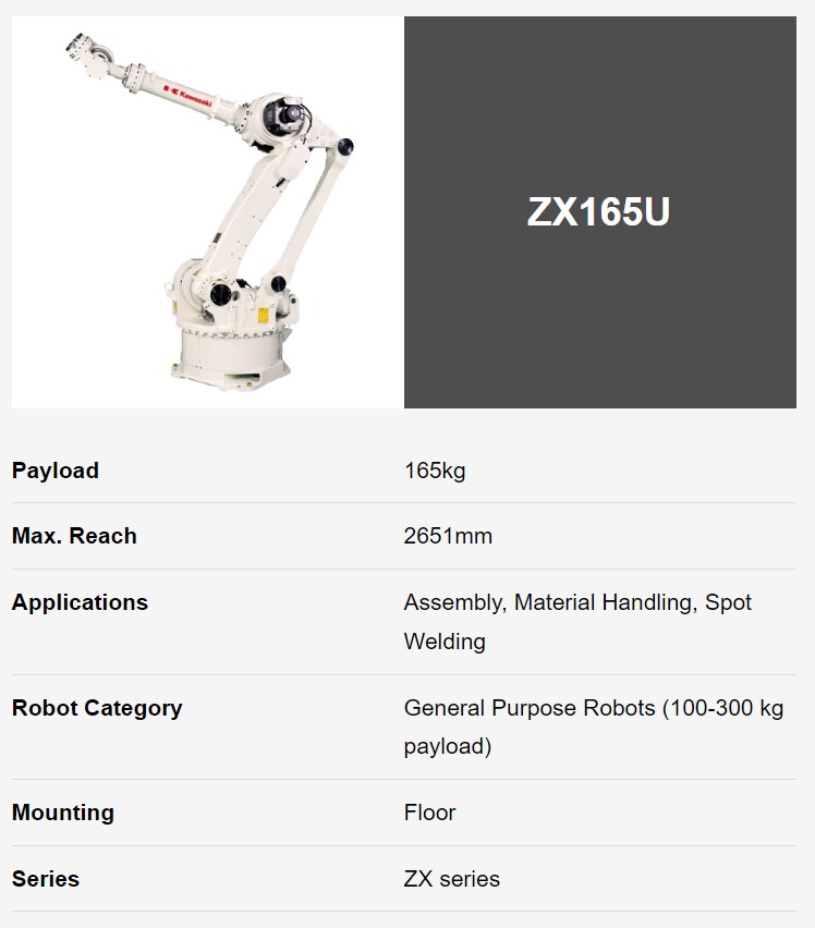 KAWASAKI ZX165U 6 AXIS GENERAL PURPOSE ROBOT PAYLOAD 165 KG X 2651 MM REACH