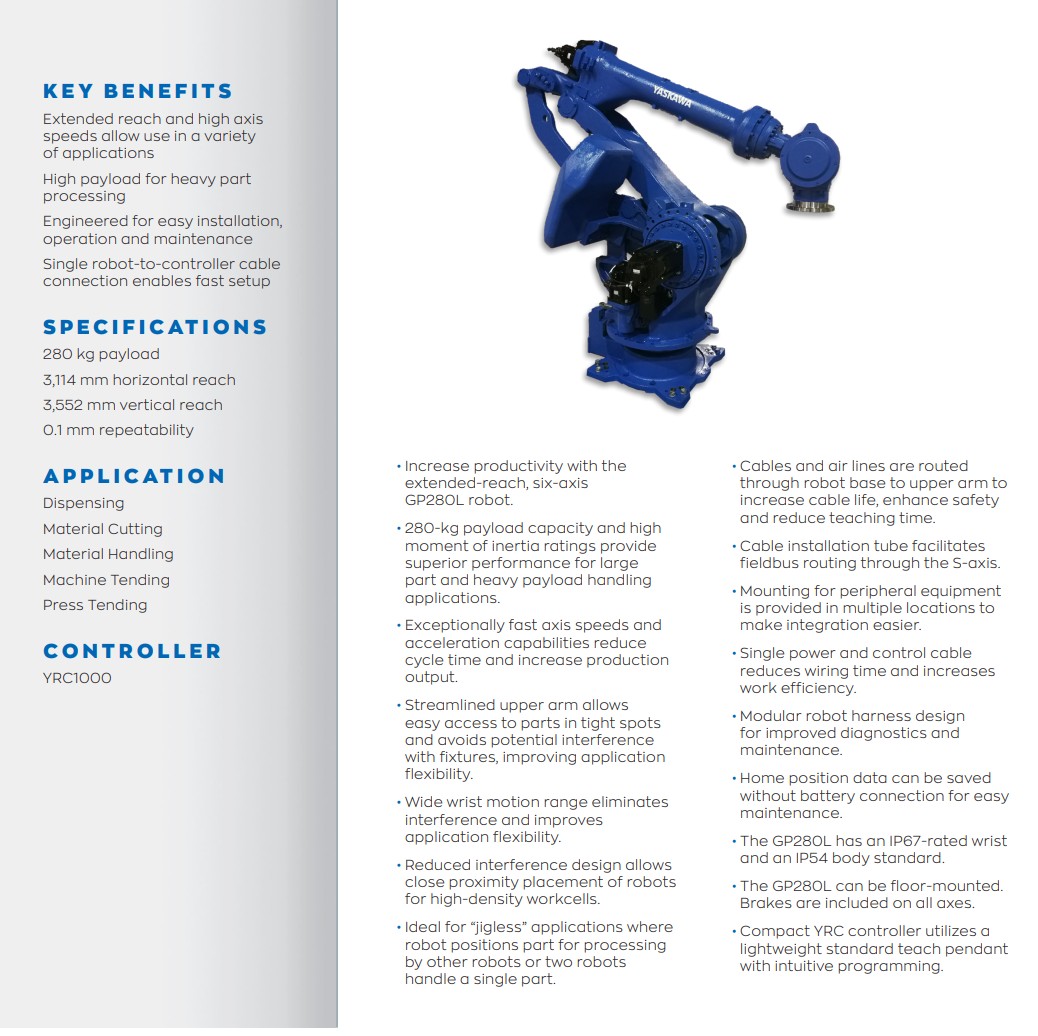 YASKAWA MOTOMAN GP280L 6 AXIS ROBOT DATA SHEET