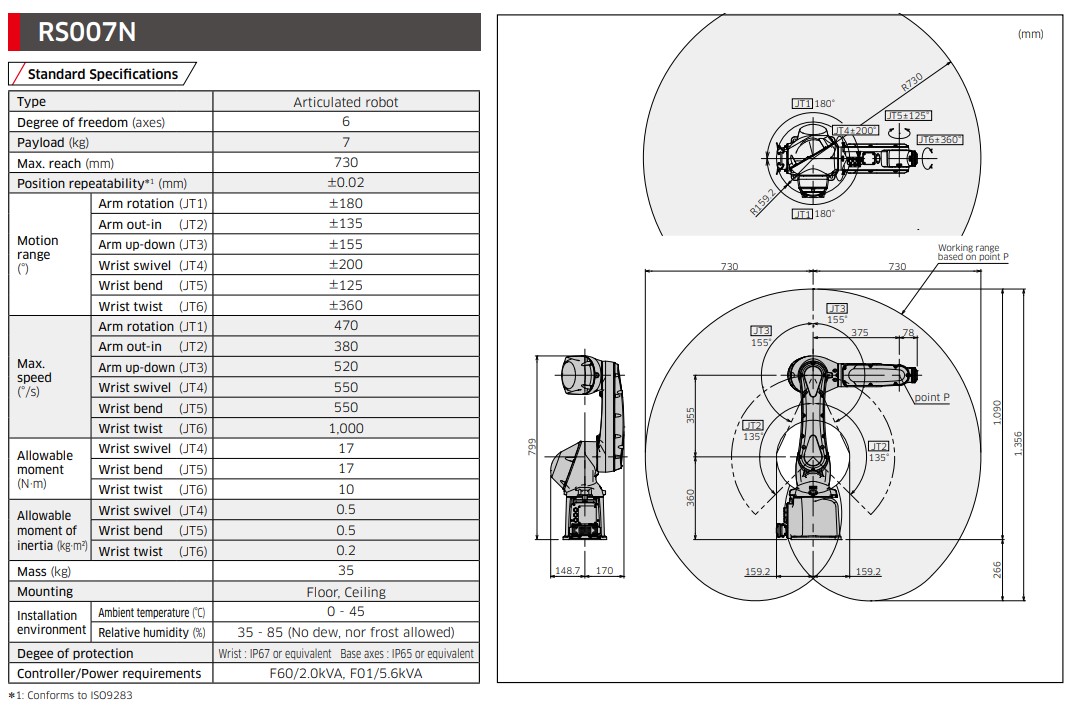 KAWASAKI RS007N 6 AXIS GENERAL PURPOSE ROBOT 7 KG PAYLOAD X 730 MM REACH