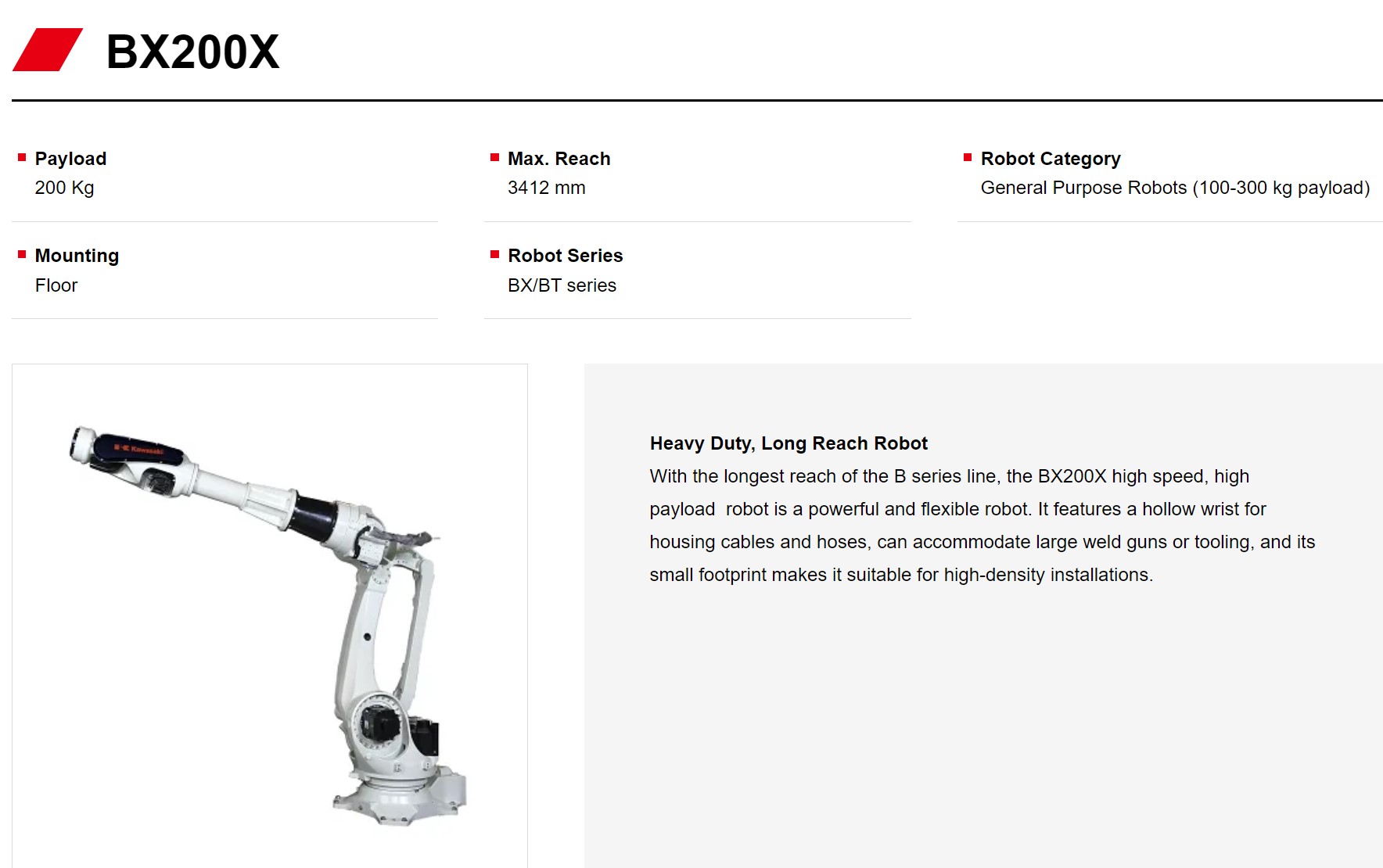 KAWASAKI BX200X 6 AXIS LARGE CAPACITY GENERAL PURPOSE ROBOT PAYLOAD 200 KG X 3412 MM REACH