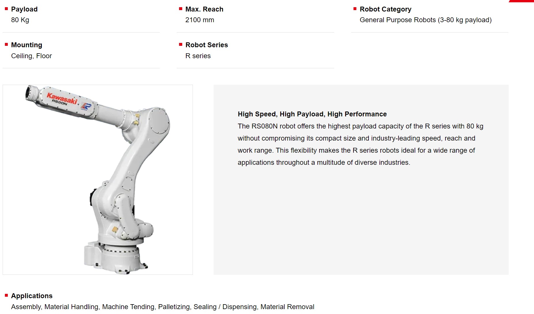KAWASAKI RS080N 6 AXIS GENERAL PURPOSE ROBOT PAYLOAD 80 KG X 2100 MM REACH