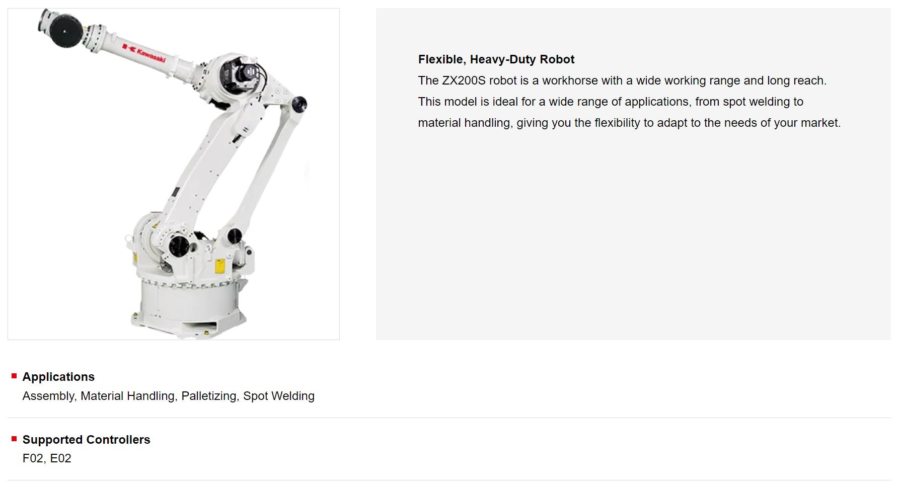 KAWASAKI ZX200S 6 AXIS LARGE CAPACITY GENERAL PURPOSE ROBOT PAYLOAD 200 KG X 2,651 MM REACH