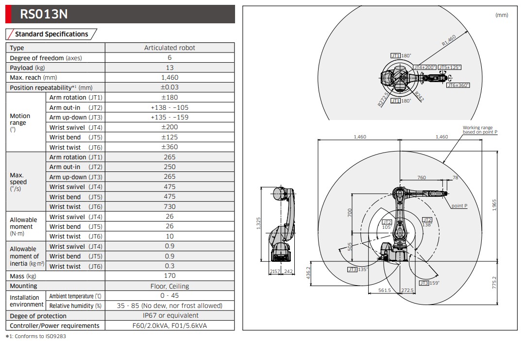 KAWASAKI RS013N 6 AXIS GENERAL PURPOSE ROBOT PAYLOAD 13 KG X 1460 MM REACH