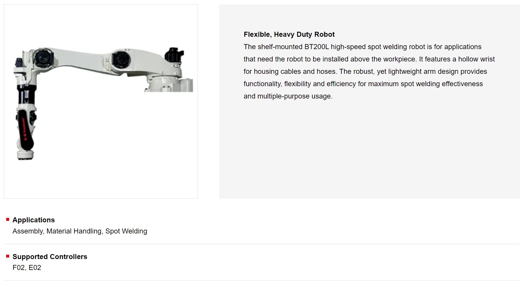 KAWASAKI BT200L 6 AXIS LARGE CAPACITY SHELF MOUNT ROBOT PAYLOAD 200KG X 3,151 MM REACH