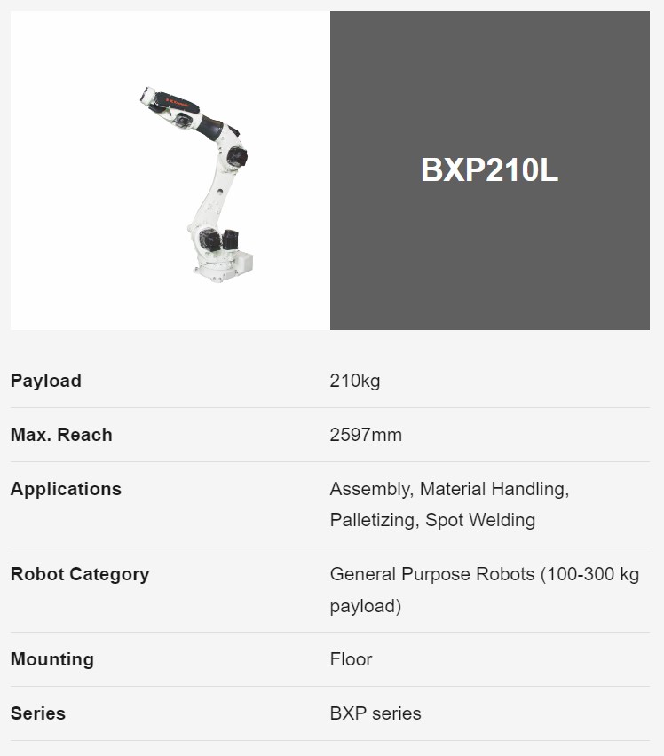 KAWASAKI BXP210L 6 AXIS GENERAL PURPOSE ROBOT PAYLOAD 210 KG X 2597 MM REACH