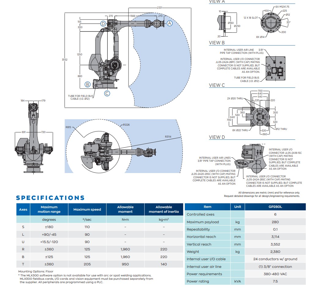 YASKAWA MOTOMAN GP280L 6 AXIS ROBOT DATA SHEET