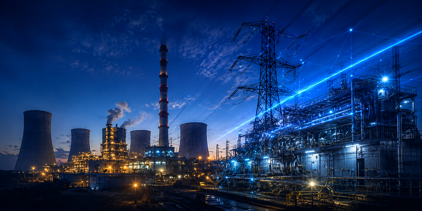 SBS Global Power generation facility at dusk with high voltage transmission infrastructure