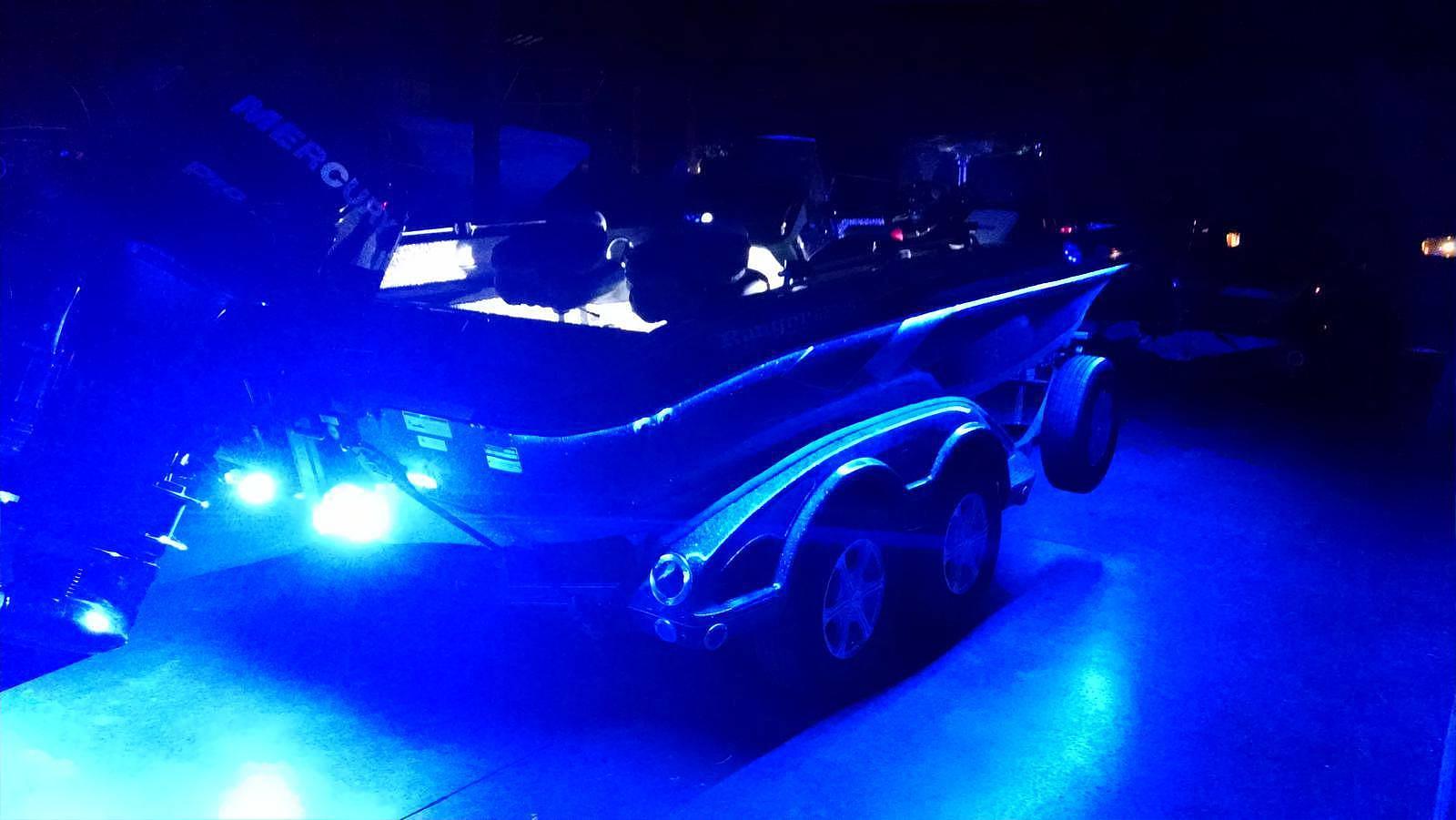 Custom LED deck lighting installation on a performance boat