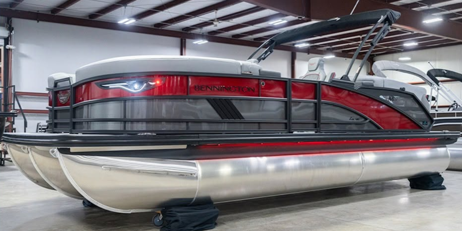 New pontoons and sport boats on the lot at Reeder-Trausch Marine Indy